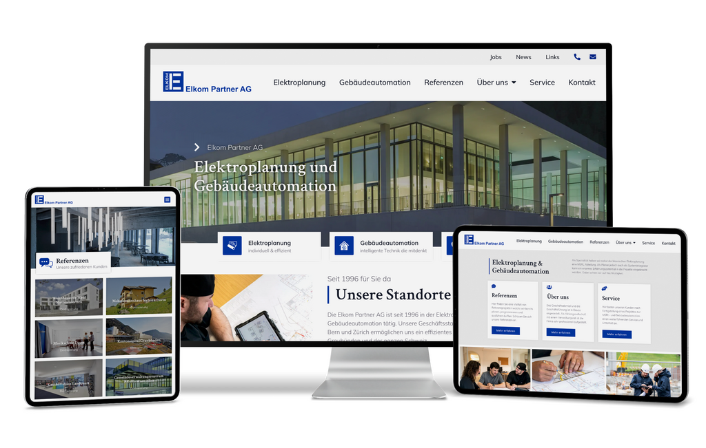 Tablet, Monitor und Laptop zeigen die Elkom Partner AG Website mit Planungs- und Referenzbereichen.