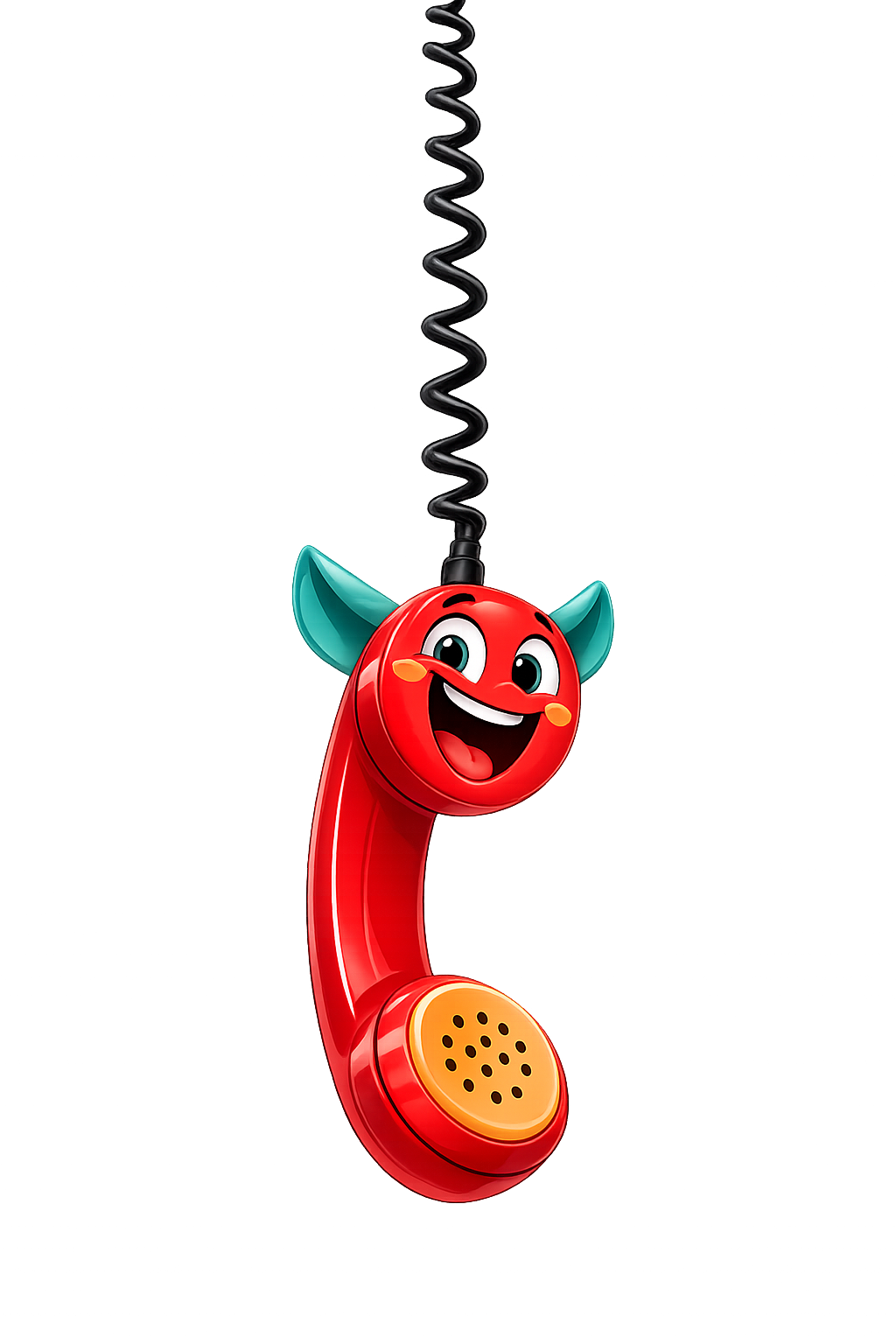 Roter Cartoon-Telefonhörer mit einem lächelnden Gesicht, blauen Hörnern und einer lockigen schwarzen Schnur auf weißem Grund.