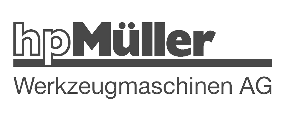 Graustufen-Logo "hpMüller" fett über dünnem "Werkzeugmaschinen AG", geteilt durch eine Linie.