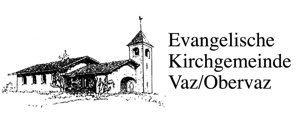 Schwarz-weiße Skizze einer Kirche mit Glockenturm, Ziegeldach und der Aufschrift "Evangelische Kirchgemeinde Vaz/Obervaz".
