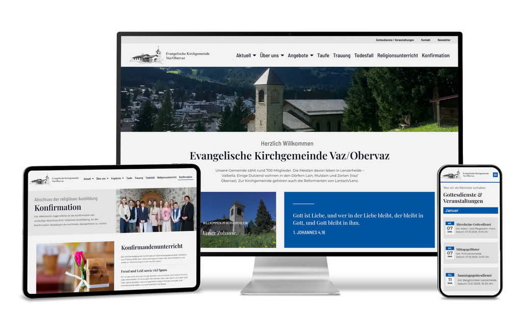 Website der Evangelischen Kirchgemeinde Vaz/Obervaz auf Monitor, Tablet und Smartphone.