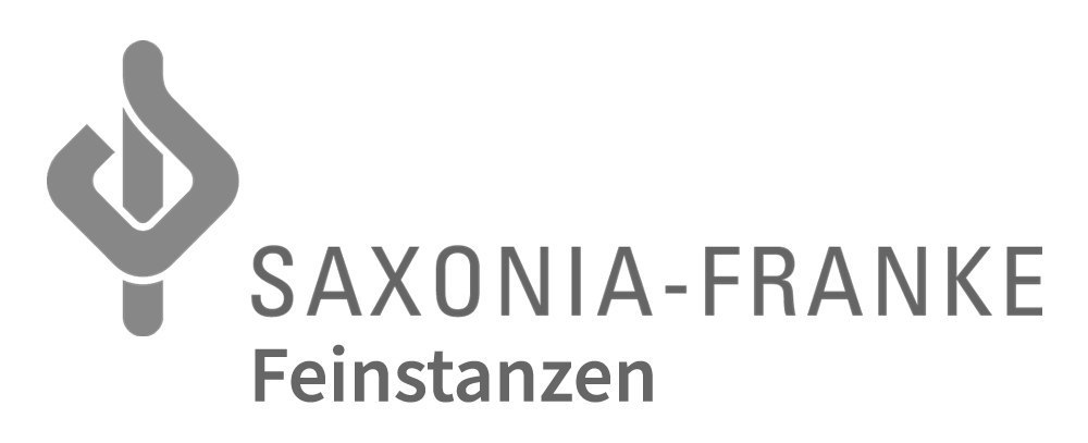 Graues Logo: abstraktes Symbol links, "SAXONIA-FRANKE Feinstanzen" rechts auf hellem Hintergrund.