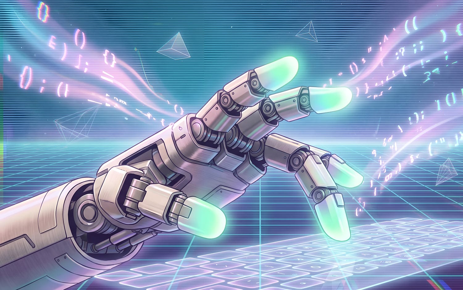 Eine Roboterhand mit leuchtenden Fingerspitzen berührt eine virtuelle Tastatur in einem digitalen Raum.
