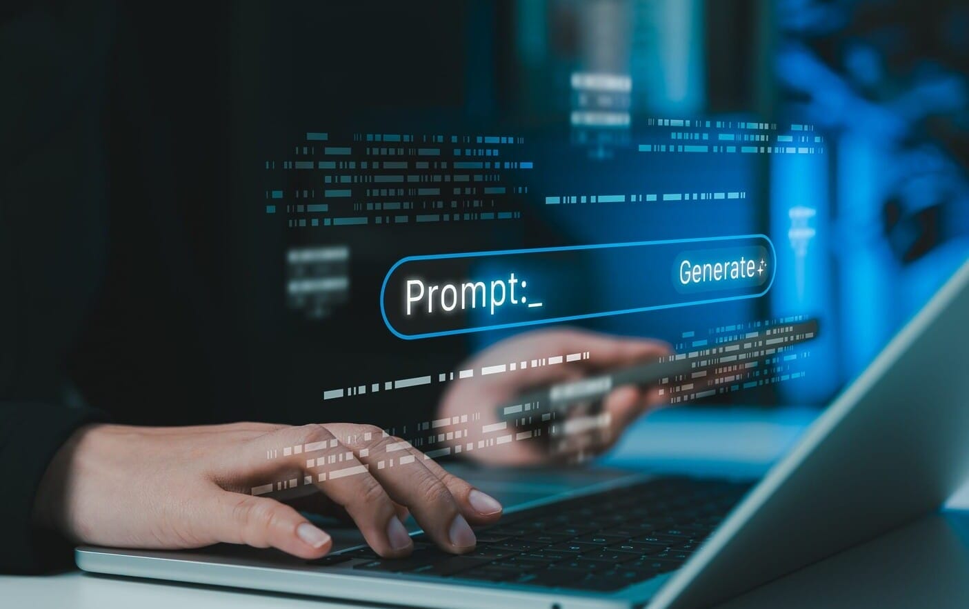 Eine Person tippt auf einem Laptop, auf dessen Bildschirm eine digitale Einblendung mit einer KI-Eingabeaufforderung und der Schaltfläche „Generieren“ zu sehen ist.