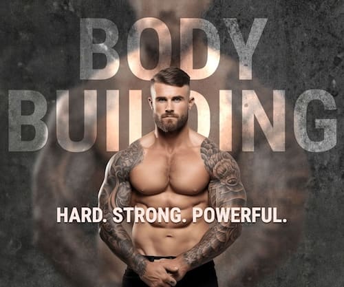Ein muskulöser Mann ohne Hemd mit Tätowierungen steht mit verschränkten Armen vor dem Text "BODY BUILDING"; darunter: "HARD. STARK. KRAFTVOLL.