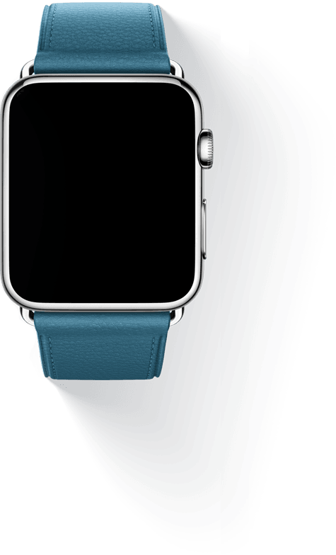 Silberne Smartwatch mit leerem schwarzem Bildschirm und türkisfarbenem Lederarmband auf dunklem Hintergrund.